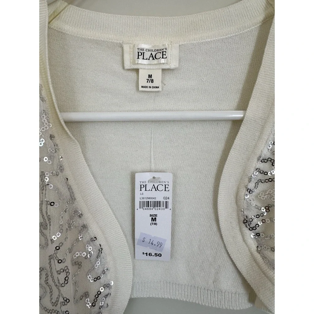 NWT Place‎ Girls Ivory Silver Sequin Cropped Fancy Cardigan Sweater Size Med 7/8 - Picture 3 of 8